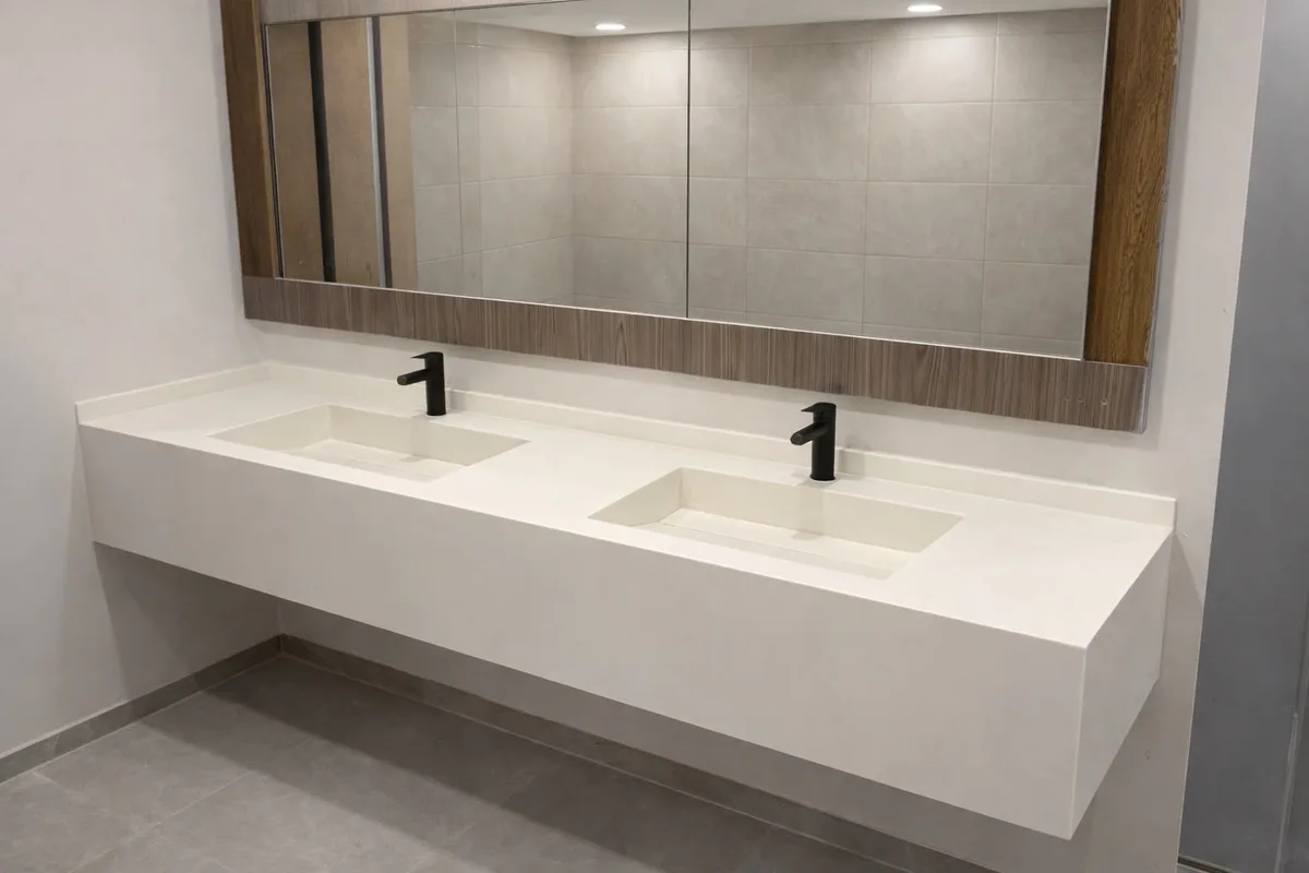 Çift lavabolu asma akrilik banyo tezgahı, siyah bataryalar